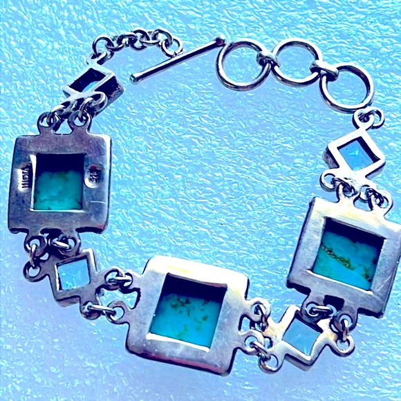 Turquoise Aqua bracelet vintage sterling silver toggle clasp adjustable India - Picture 3 of 4